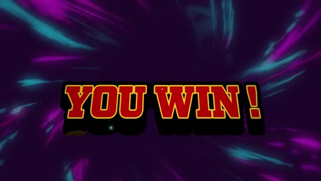 animation of you win text over colorful moving lights on dark background