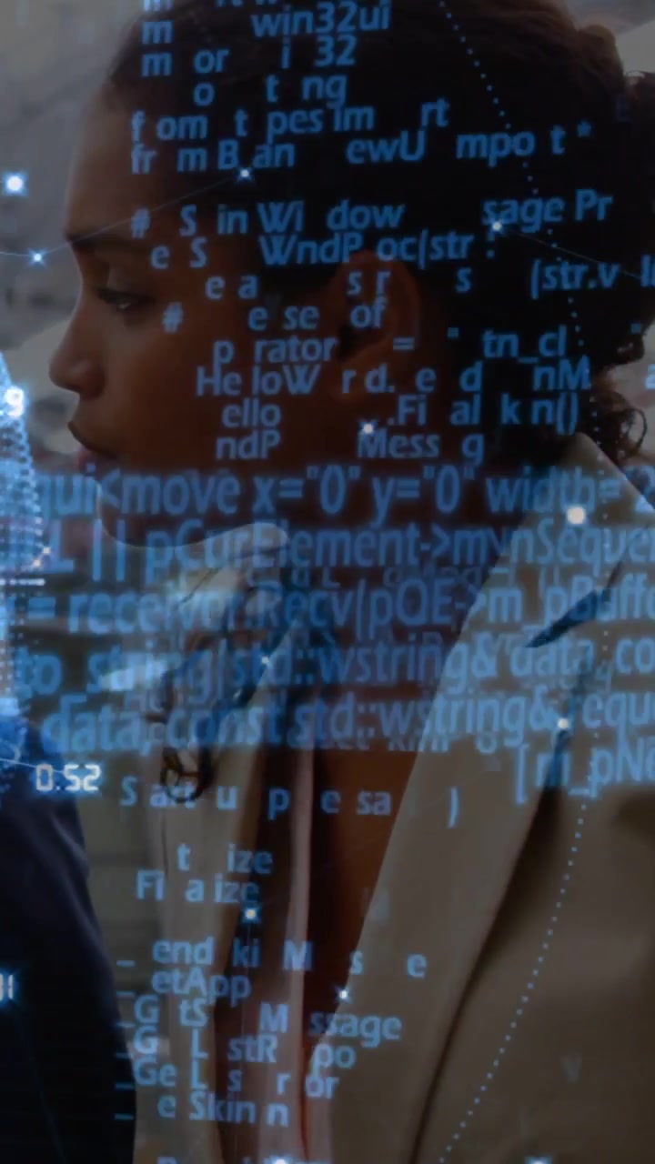 Vertical video: Woman opening eyes and replying to peer with code overlay appearing in tech meeting