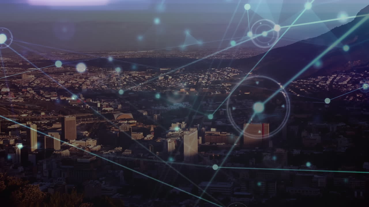 animación de la red de conexiones sobre el paisaje urbano