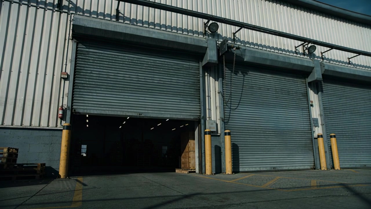 Motor raising left roll-up door at loading bay, revealing pallet for loading operations