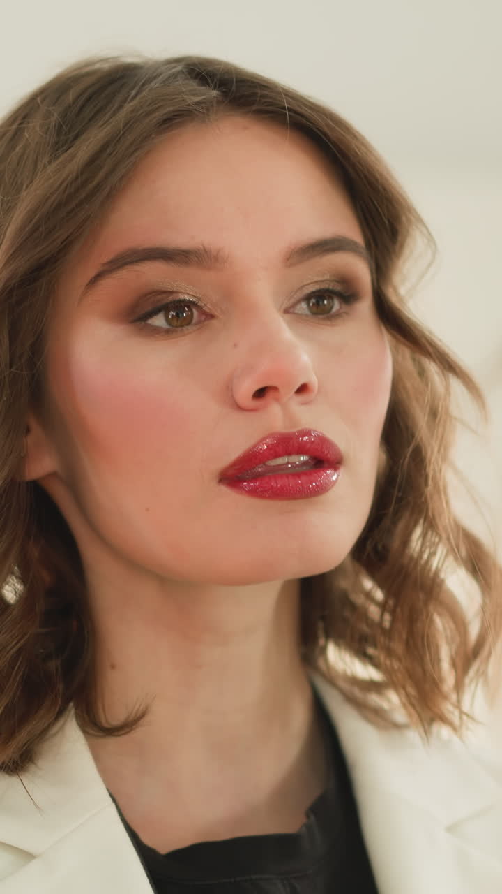Happy woman smiles looking at professional makeup on face made by artist in beauty studio. Young female person enjoys reflection in mirror closeup