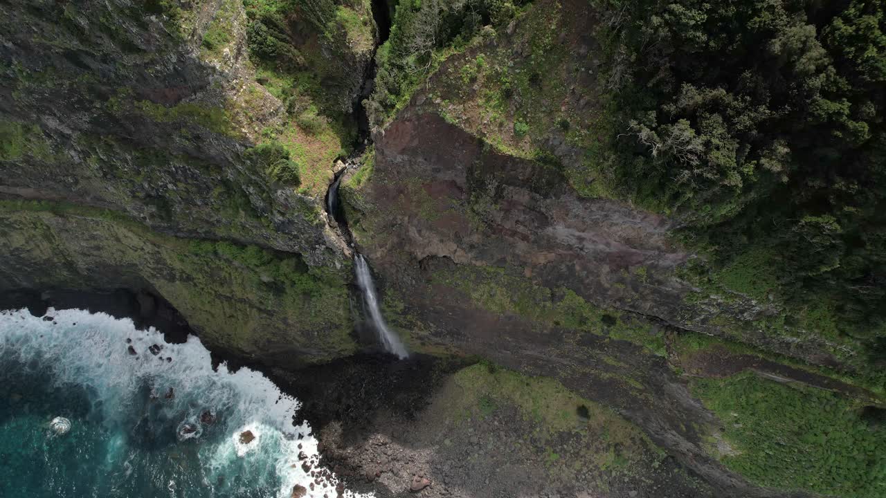 Aerial View Of Clifftop Veu da Noiva Waterfall Viewpoint In Seixal, Madeira Islands, Portugal
