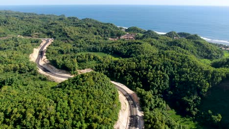 Sea-coastline-forest-and-winding-new-road-under-construction,-aerial-view