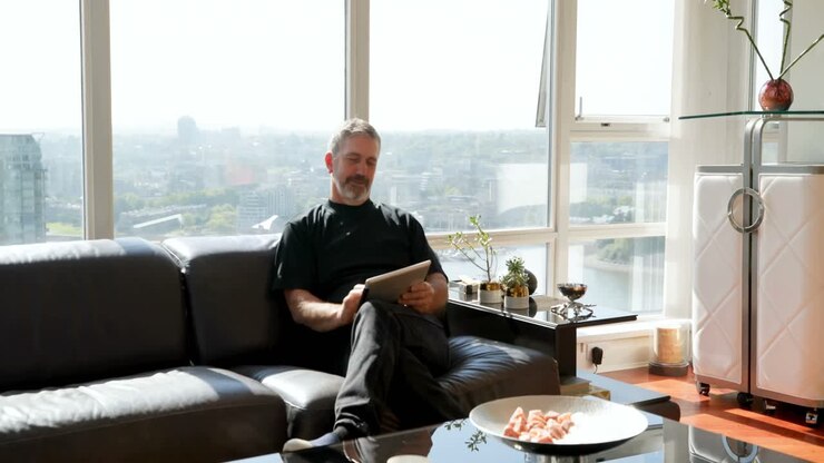 человек использует цифровой планшет на диване 4k