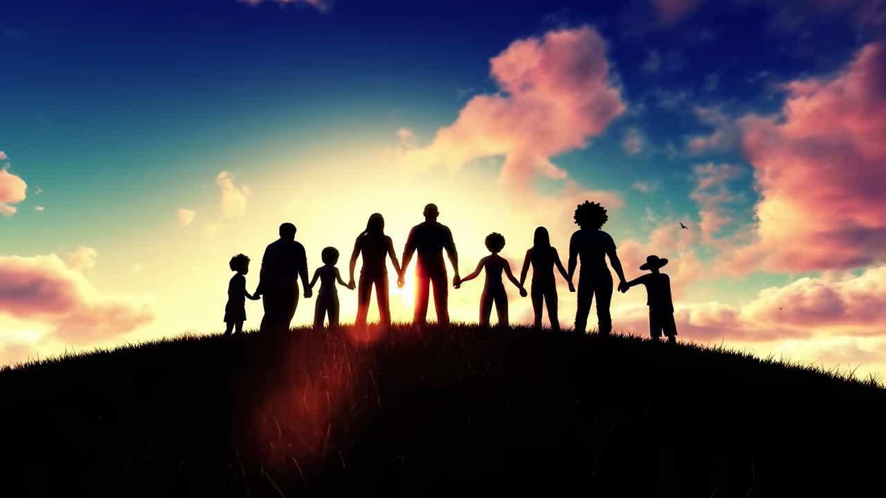 Silhouetted group holding hands at sunset, low-angle shot