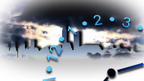 reloj 3d moviéndose con nubes en el fondo