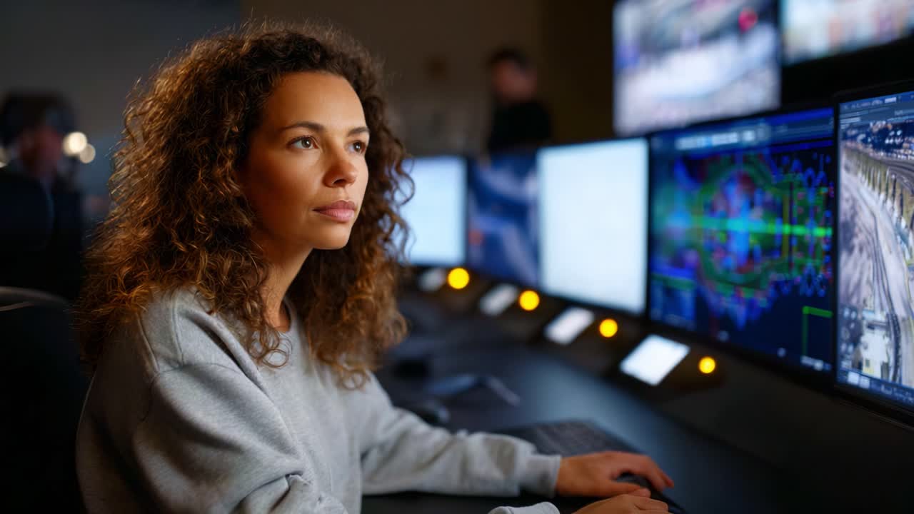 Professionista concentrato che analizza dati visualizzati nella sala di controllo con diversi monitor che mostrano visualizzazioni complesse e grafica in un ambiente high-tech