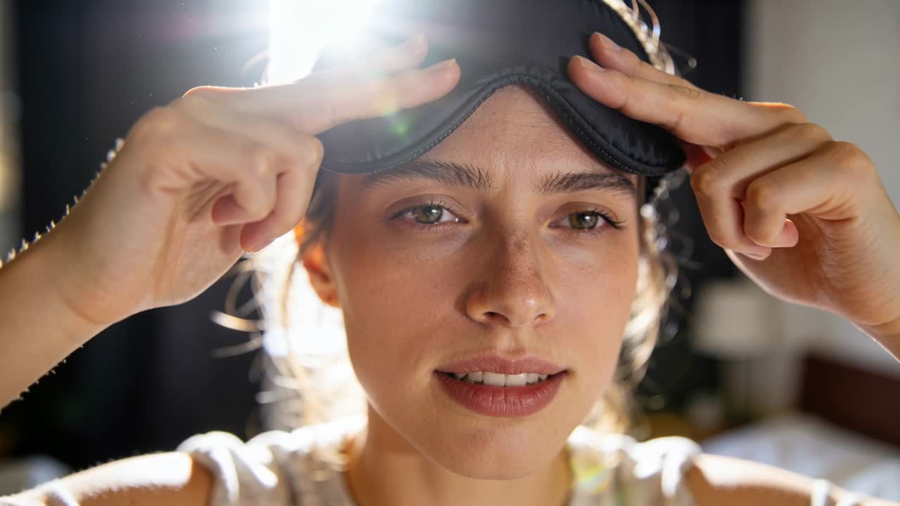 Removing black sleep mask, woman wearing light tank top waking in bedroom as sun flaring