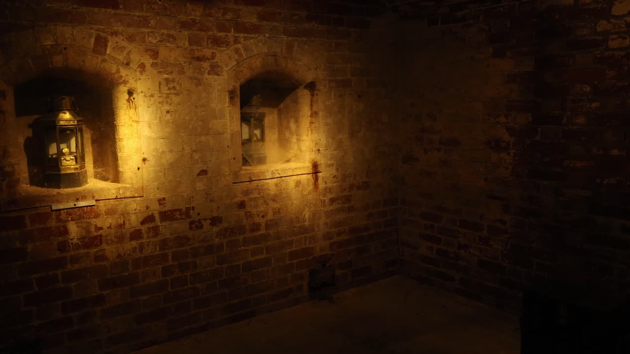 habitación de ladrillo débilmente iluminada con linternas viejas