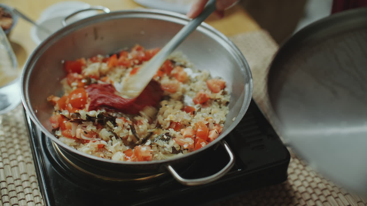 agitar a mano tomates, cebollas y especias en la sartén en la estufa