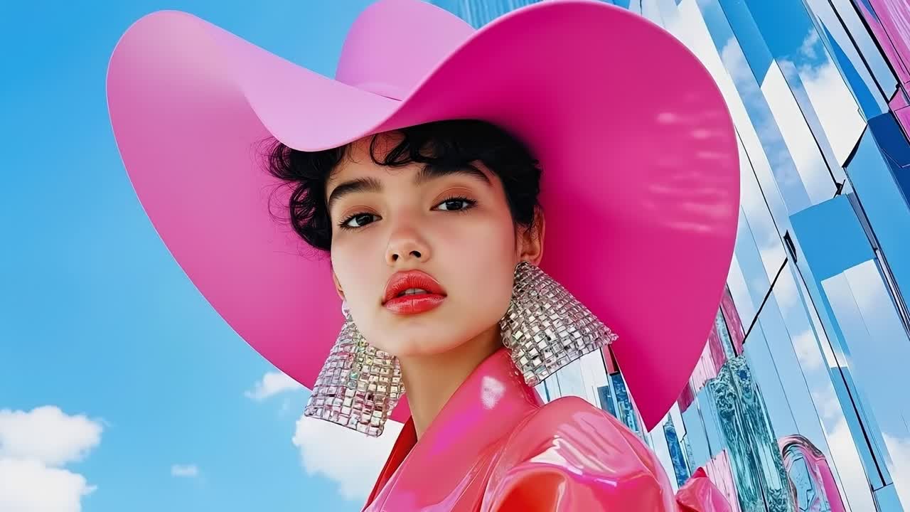 A woman wearing a pink hat and a pink dress