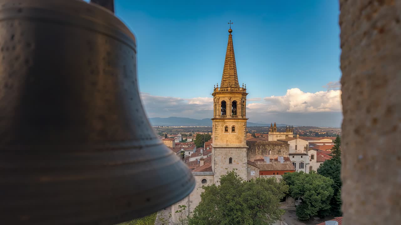 Começando a balançar um grande sino de bronze, revelando a torre de pedra da igreja a partir da posição privilegiada da torre, espaço para texto