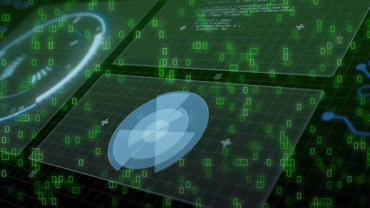 Green square cascade starting main holo panel rotating blue circle and monitoring systems