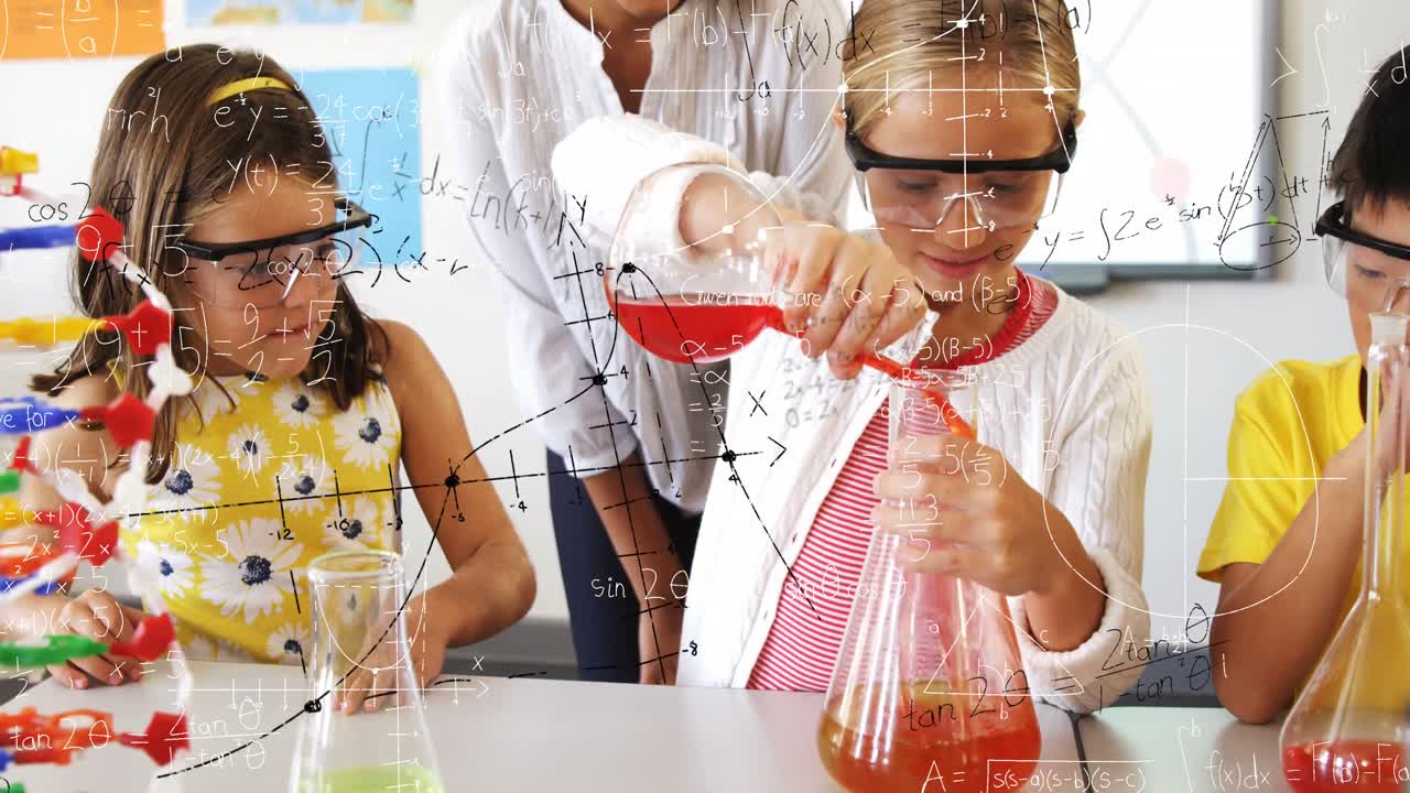 animación de ecuaciones matemáticas en una niña caucásica realizando un experimento en el laboratorio de la escuela.
