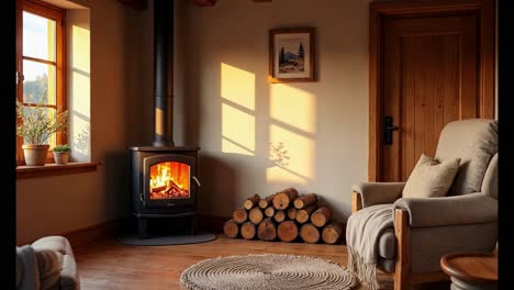 cozy cabin living room with wood stove