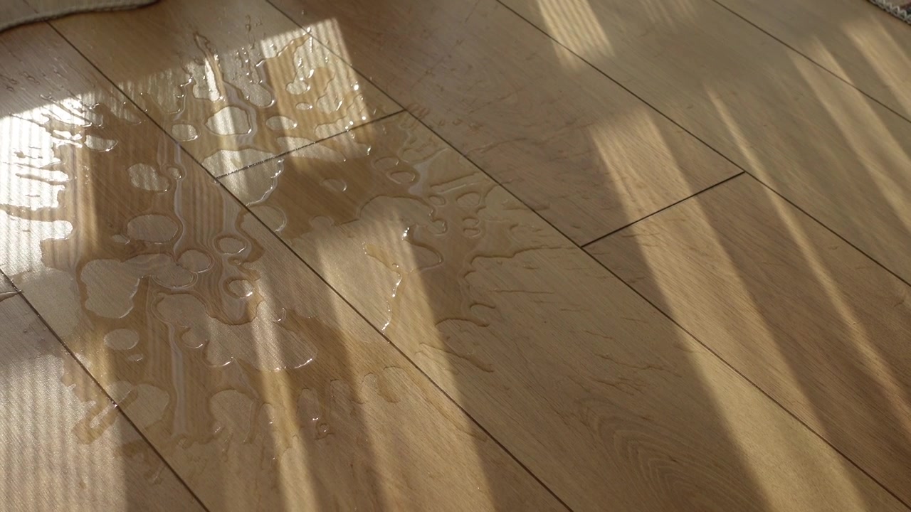 Agua derramada en suelo de madera clara bajo la luz del sol
