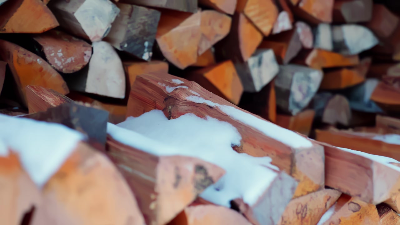 Snow-dusted split logs stacked in a rural woodshed, classic homestead firewood supply for winter heating and old-fashioned off-grid living.