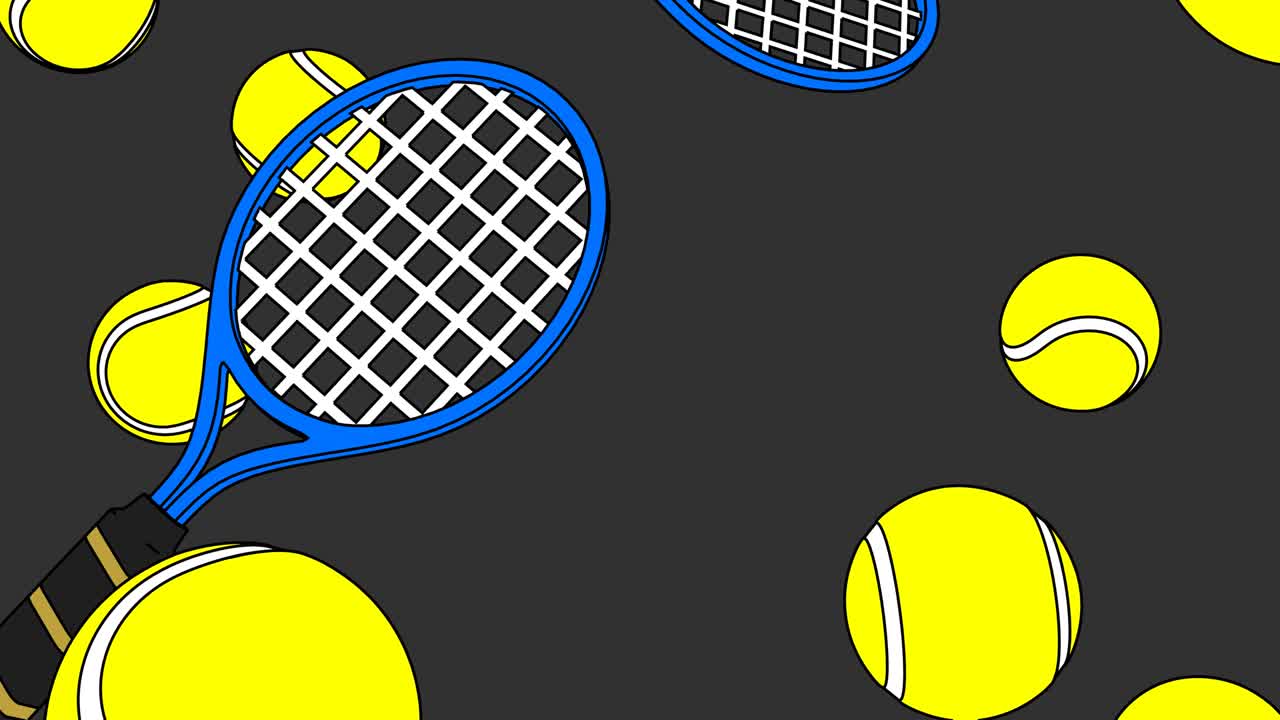 회색 배경에 있는 테니스 공과 파란색 테니스 라켓입니다.