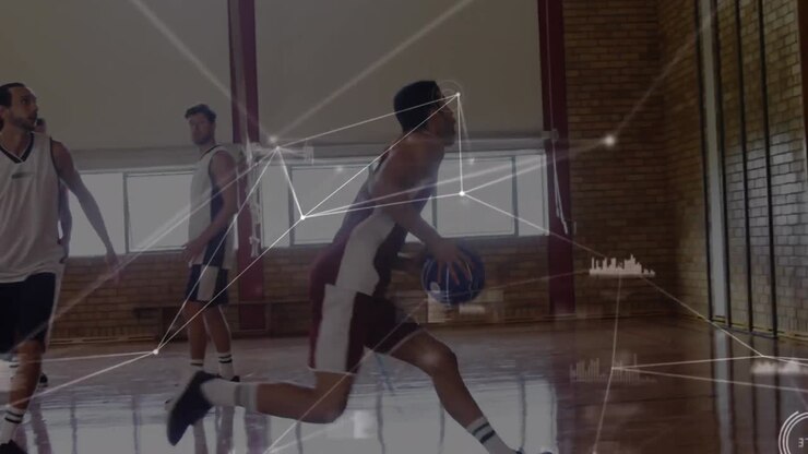 Animation of network of connections over basketball match in gym