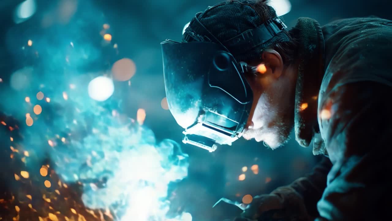 A Skilled Welder Focuses Intensely on His Craft, Producing Bright Sparks Amidst a Dynamic and Energetic Workshop Atmosphere Filled with Vibrant Light Bokeh Effects