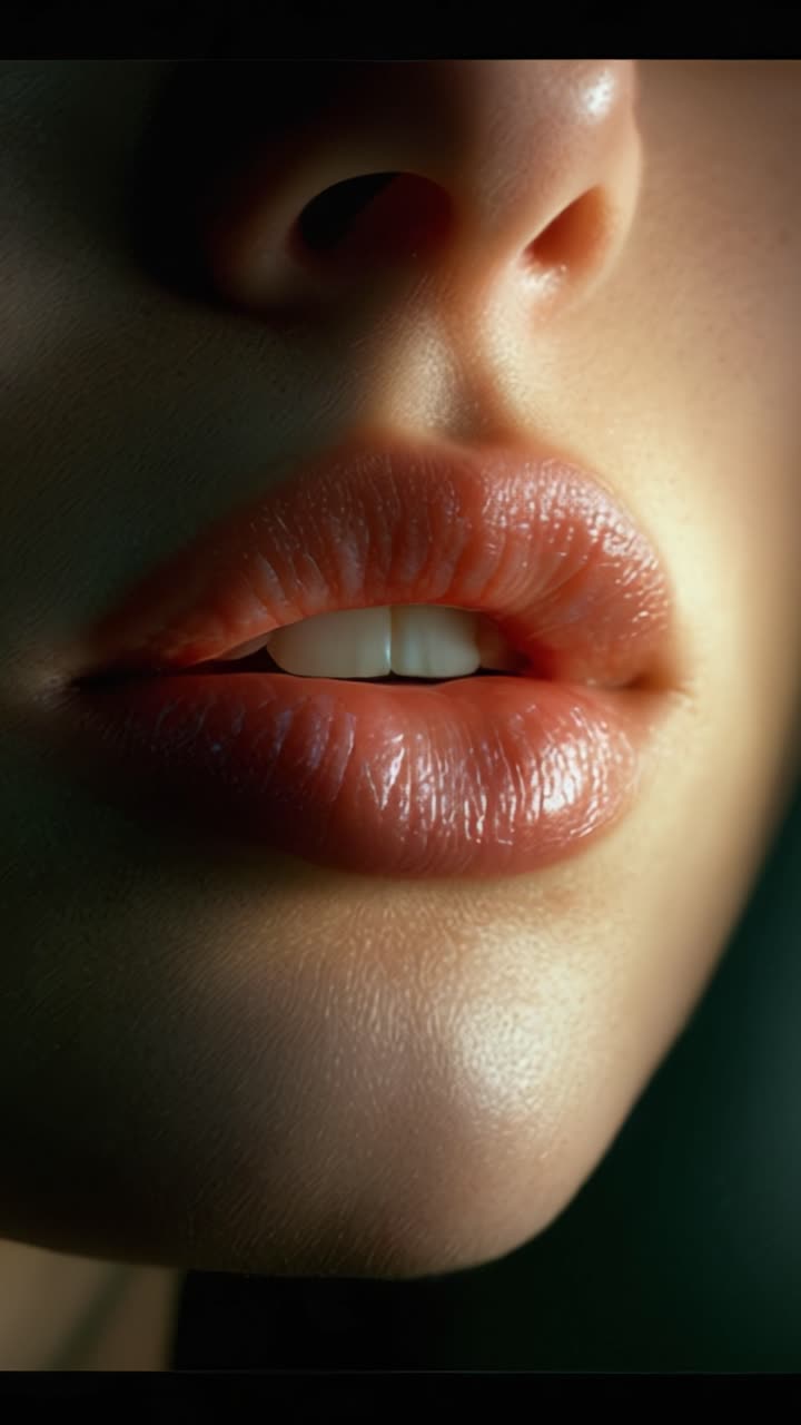 Un primo piano su labbra morbide e lucide che evidenzia la bellezza naturale e i dettagli sottili della pelle e dei tratti del viso con un'illuminazione elegante.