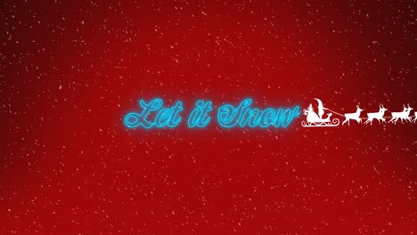 Animation-of-santa-riding-reindeers-sleigh-over-let-it-snow-text-and-snowfall-against-red-background