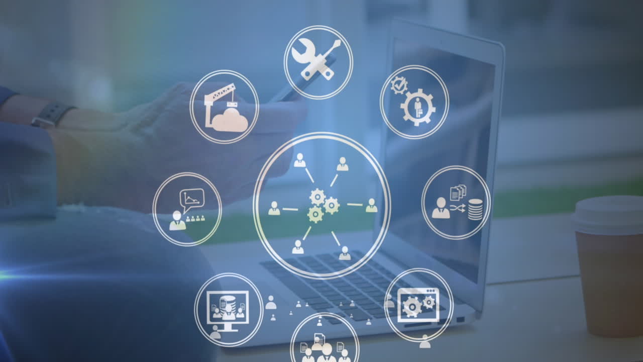 Animation of multiple digital icons spinning over mid section of man using smartphone at office