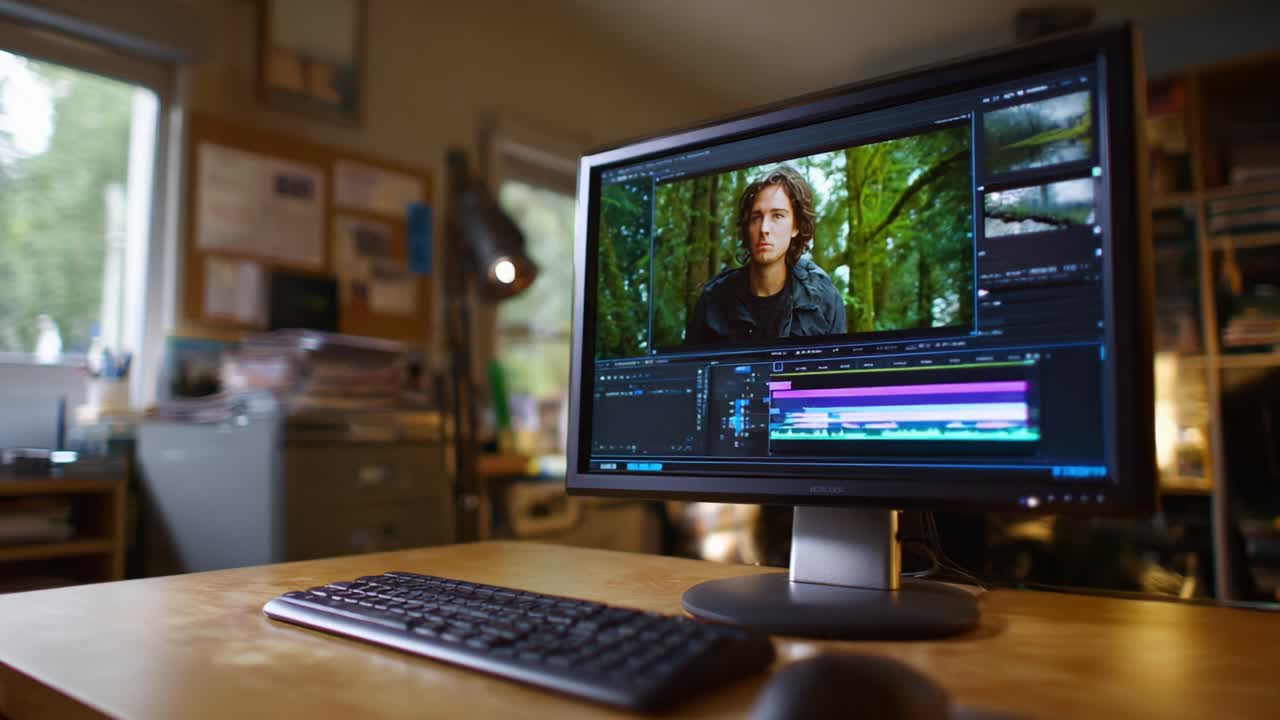 Creazione di video: una persona davanti allo schermo di un computer che rivede clip modificate in un ufficio accogliente, pieno di documenti e con luce naturale sullo sfondo