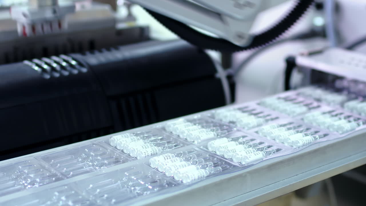 Liquid Vaccine Drug Medication manufacturing process. Line with medical Production Line at modern pharmaceutical plant