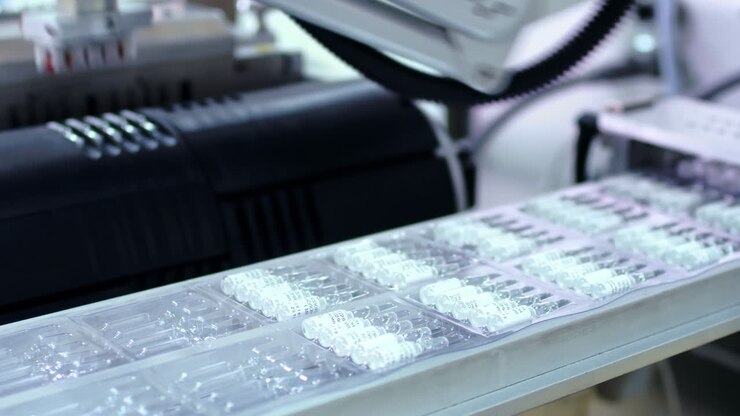 Liquid Vaccine Drug Medication manufacturing process. Line with medical Production Line at modern pharmaceutical plant