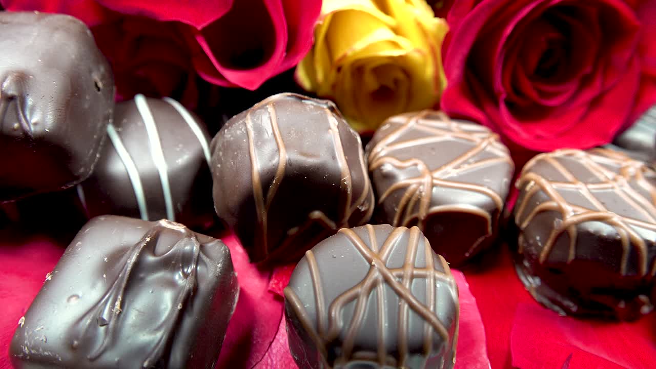 dulces de chocolate y ramo de rosas día de san valentín