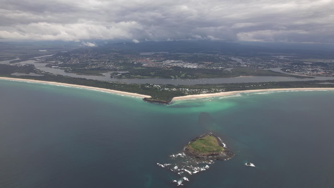 Fingal Headland And Cook Island Against Overcast Sky In New South Wales, Australia - Aerial Drone Shot