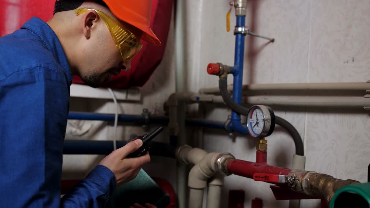 ingeniero con casco de protección y gafas de protección e inspeccionó la caldera de gas en el compartimento de tubos.