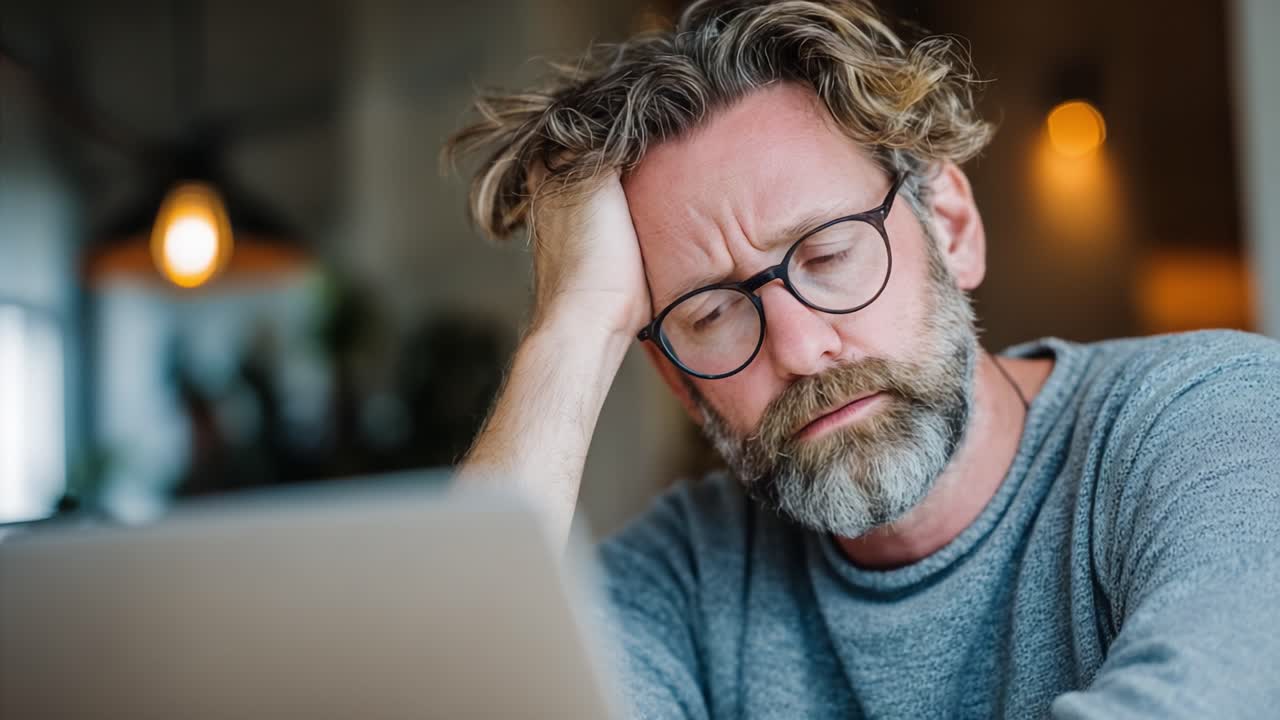 A pensive man reflecting in deep thought while focusing on a laptop, navigating through concerns and emotions in a cozy, softly lit workspace environment