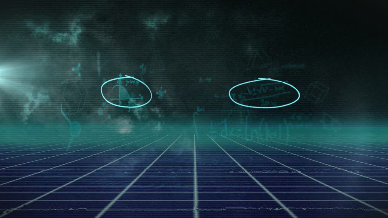 Floating mathematical equations and animation in futuristic digital grid atmosphere