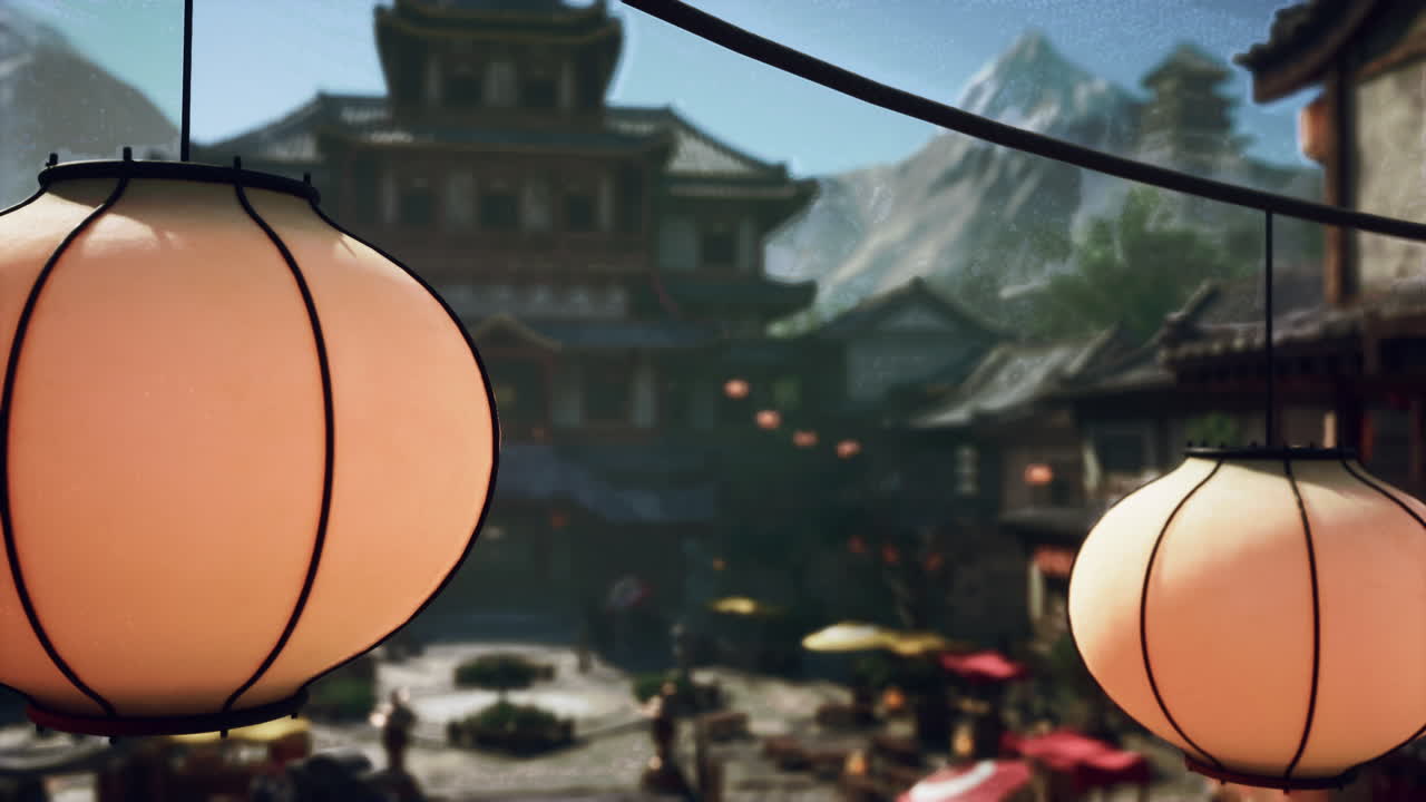 랜턴 과 산 을 배경 으로 한 아시아 마을 시장