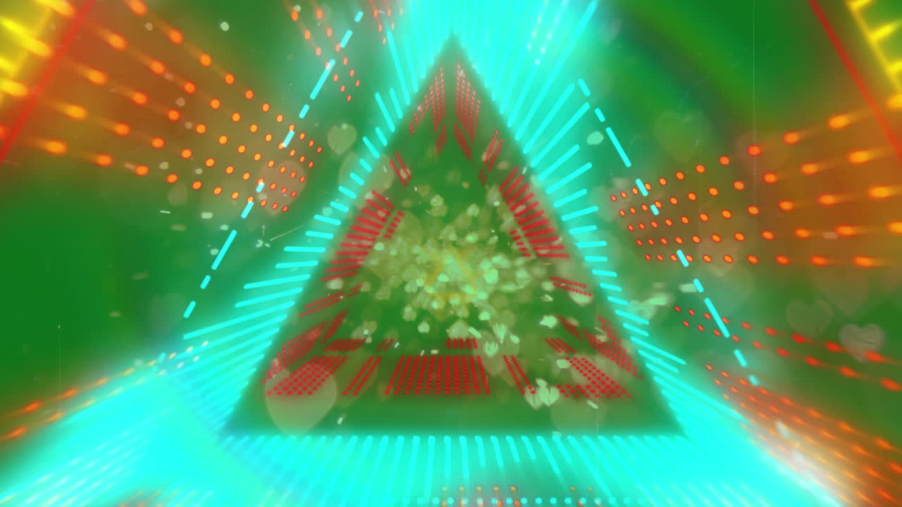 녹색 바탕에 그리드와 떨어지는 심장 및 기하학적 모양의 애니메이션