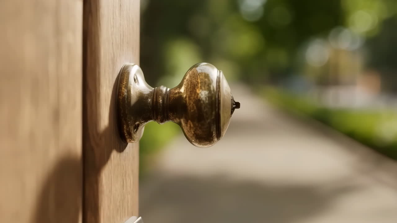 Primo piano di un pomello in ottone antico su una porta di legno aperta