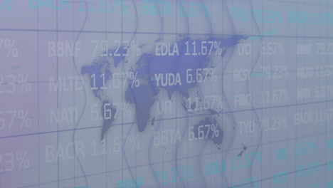 animation of stock market data processing over world map against wave textured white background