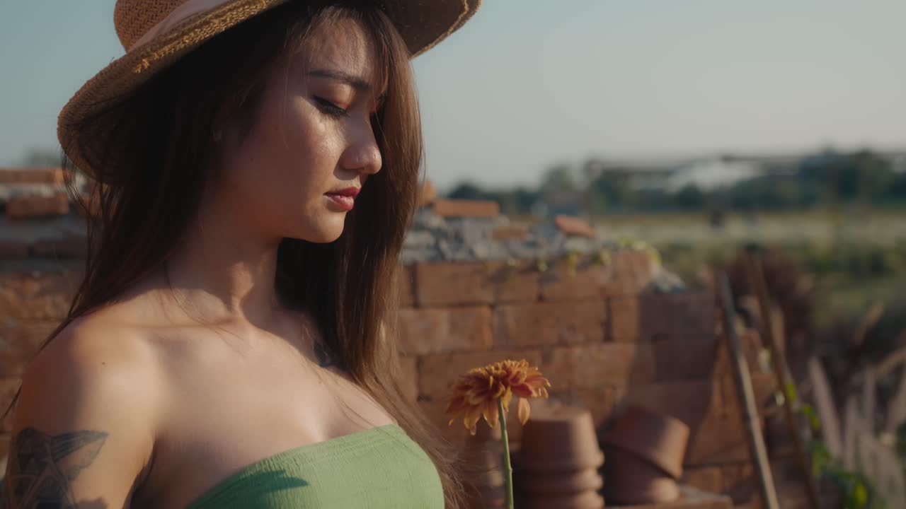 Woman holding a flower in a garden