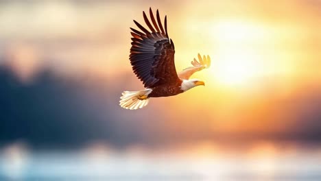 bald eagle soaring at sunset