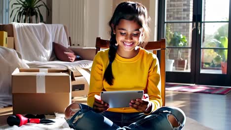 young girl using tablet amidst moving boxes