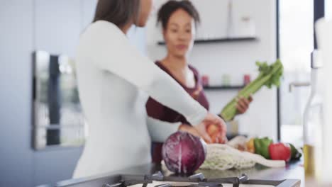 feliz pareja de lesbianas biraciales desempaquetando las compras de comestibles y hablando en la cocina, en cámara lenta