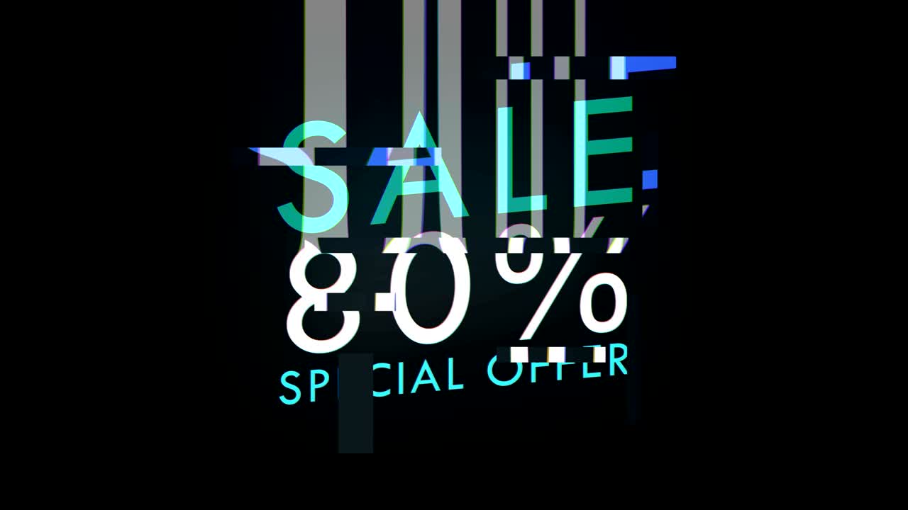 SALE 80% OFF and special offer. sale promotion advertisement glitch text twitched effect loop background. deals price tag for discount clearance on online shopping. signal digital glitch. 4k motion