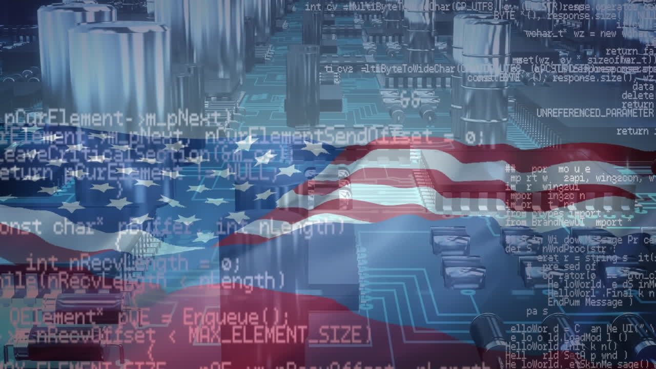 animación del procesamiento de datos sobre la bandera de rusia y los estados unidos de américa