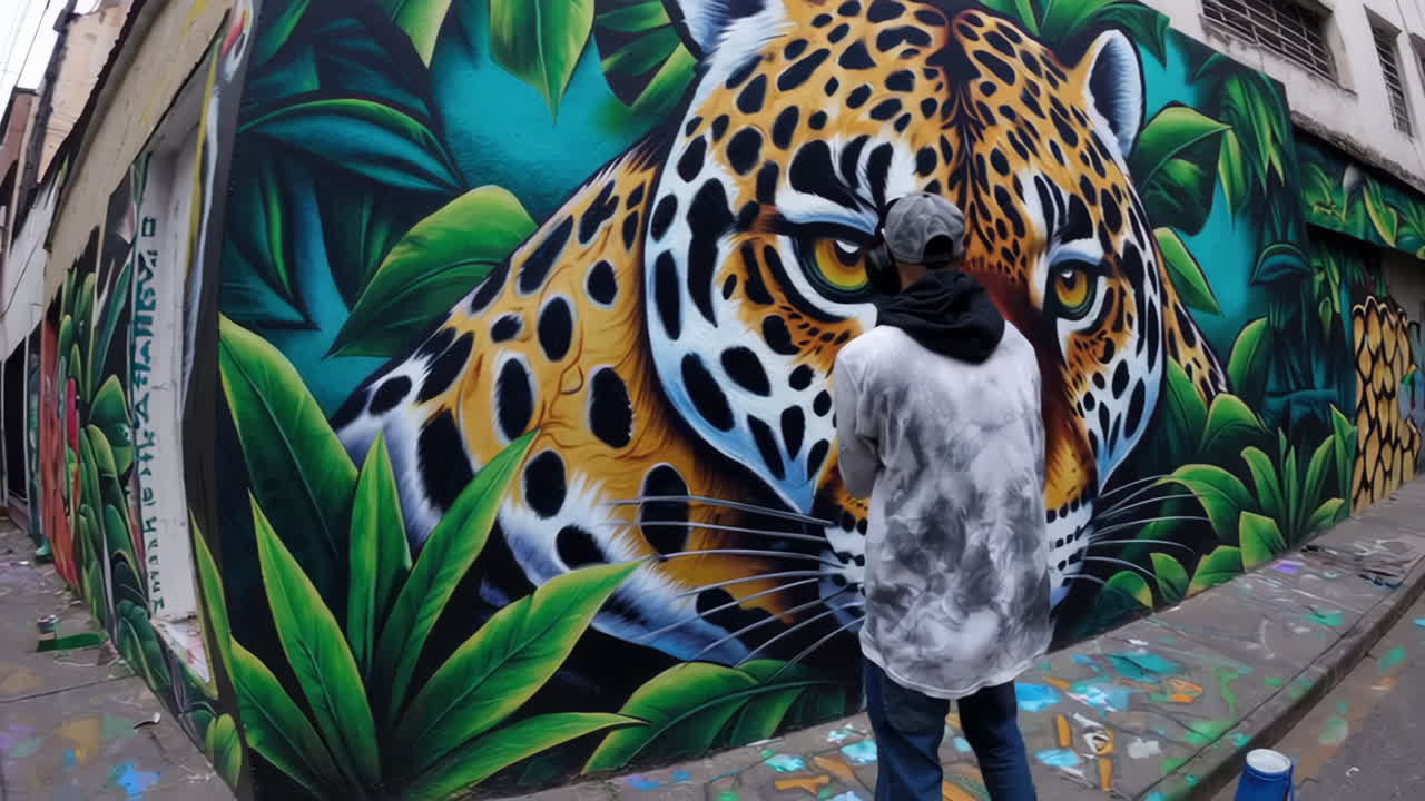 Street Art Mural of a Jaguar in a Jungle Setting