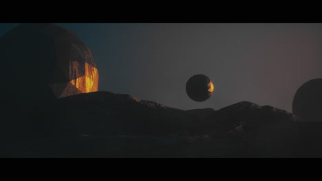 alien planet desert landscape during sunset with strange sphere-shaped buildings