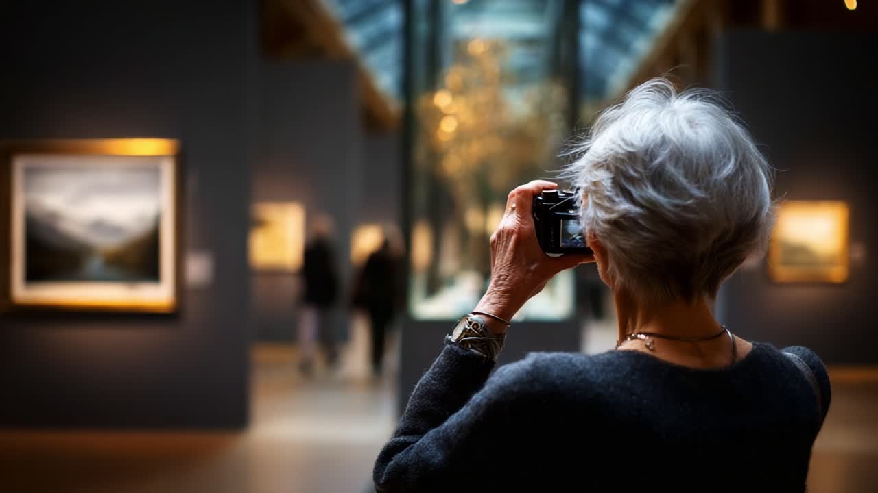 An artistic exploration of visual storytelling, an elderly woman captures the essence of stunning paintings in an art gallery, celebrating creativity and cultural expression through photography