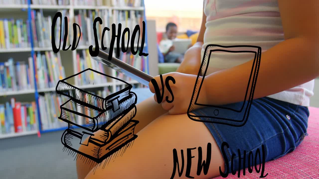 animación de libros y tableta moviéndose sobre niño de escuela usando tableta en la escuela