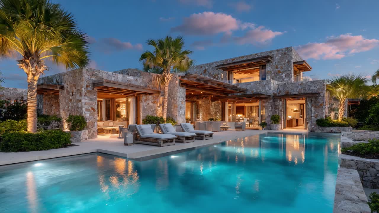 Villa de luxo deslumbrante ao entardecer: um oásis sereno com piscina convidativa, cercada por palmeiras exuberantes e arquitetura requintada, tendo como plano de fundo um céu noturno dramático